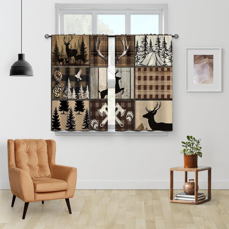 Aimego Deer Forest Kitchen Curtains - Vintage Small Short Cafe Tier Curtains Farmhouse Rustic Decor for Living Dining Room Rod Pocket Window Drapes 36 Inch Length 2 Panels Set 28"x36" - Image 2